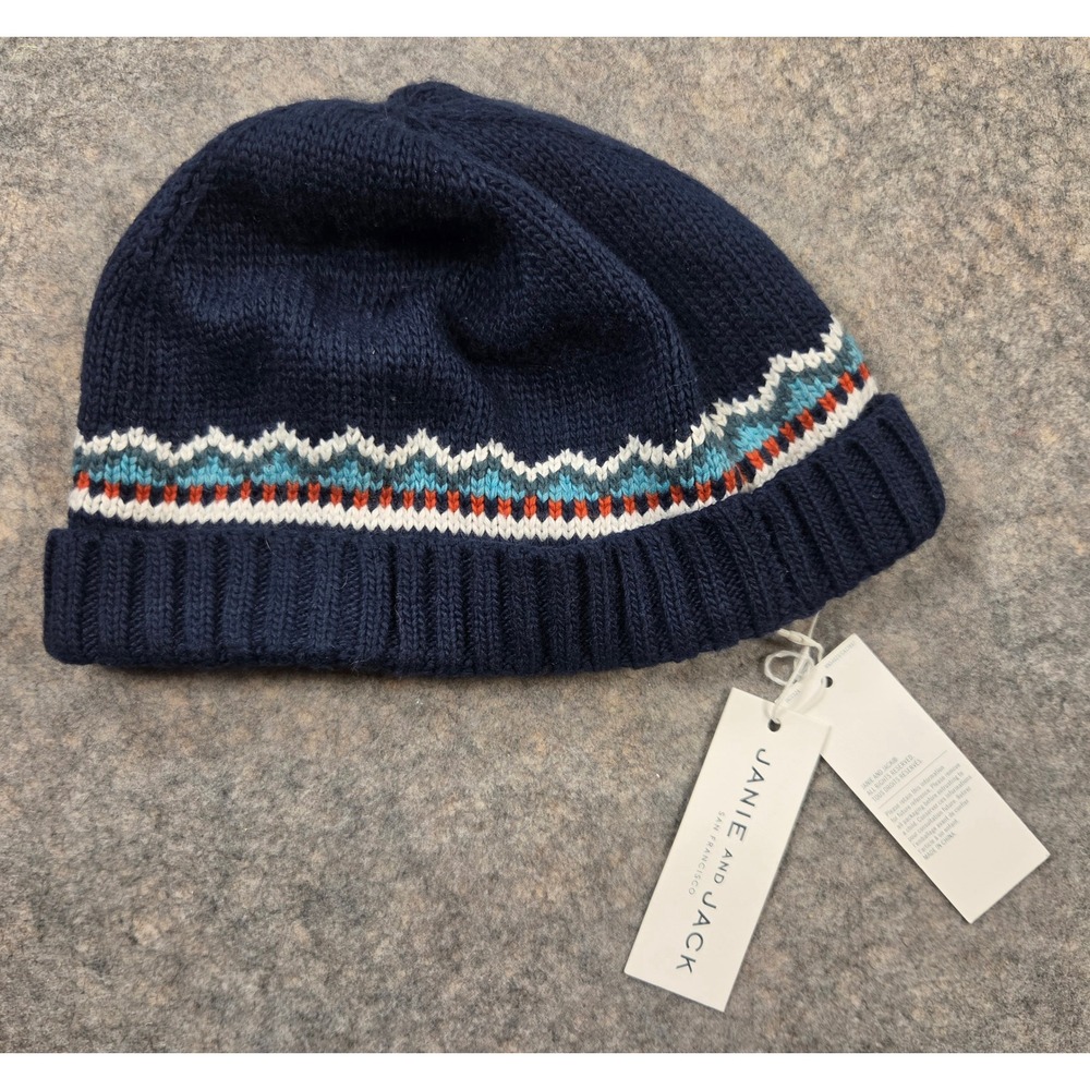 Janie and Jack Boys Navy Blue Fair Isle Knit Beanie Hat Size 6 to 8 NWT